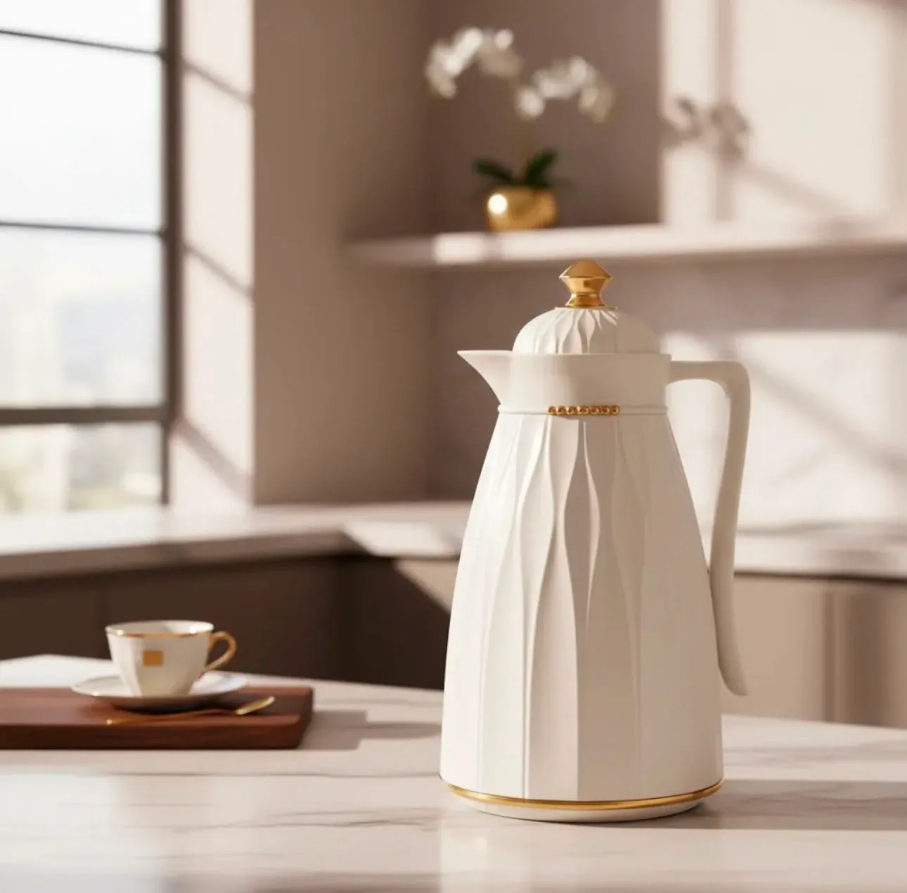 Garrafa de café branca e dourada